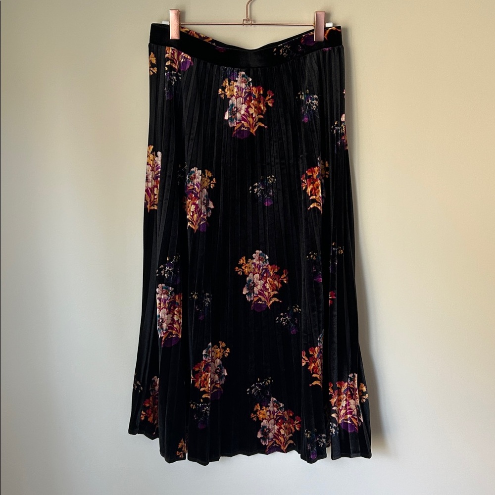 Anthropologie Black Floral Velvet Midi Skirt
